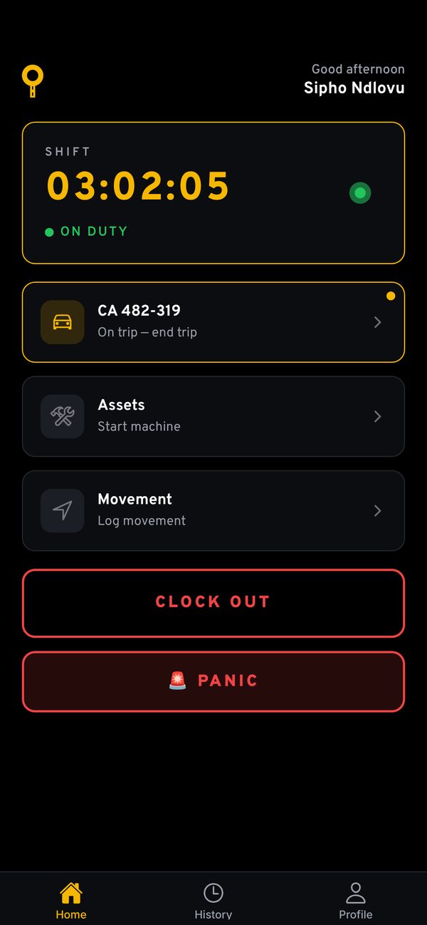 On duty screen in the app (sample data)